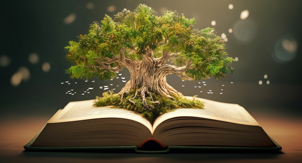 an open book with tree growing out of it. generative ai